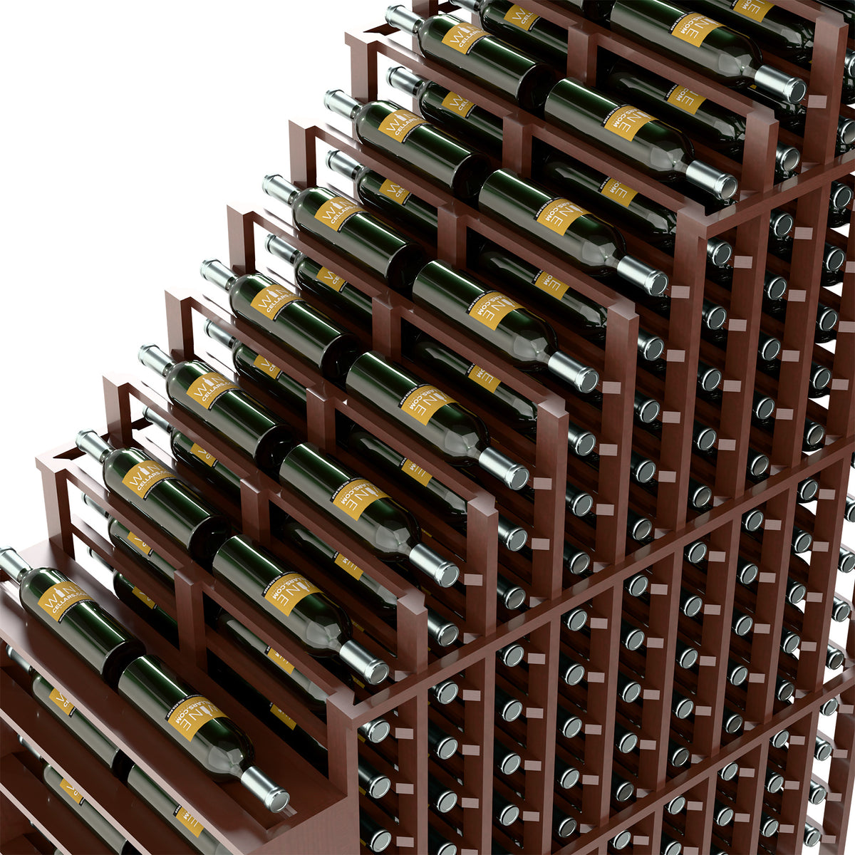 Dark wood double wine rack with bottle slots and metal holders, angled close-up view