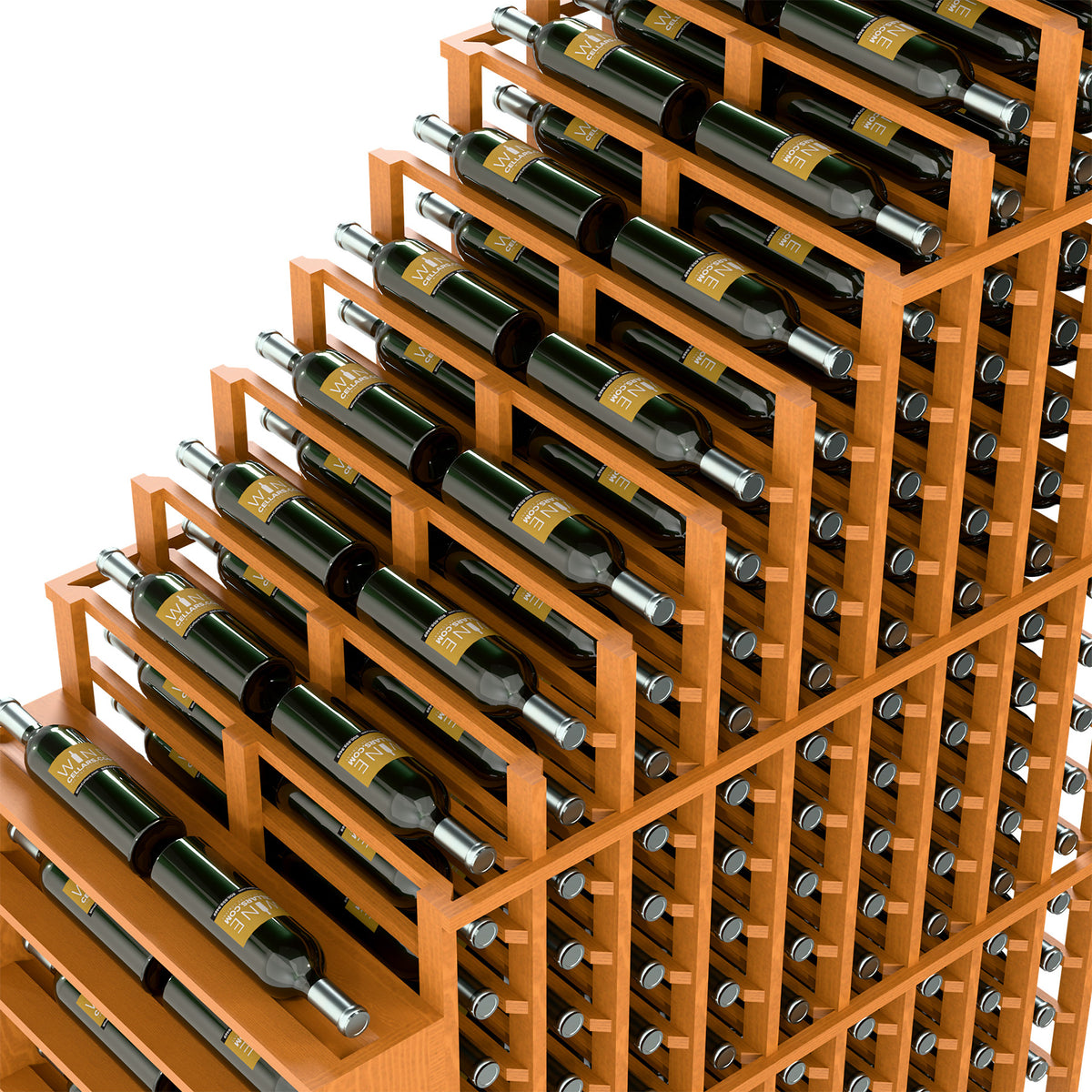Light wood double wine rack with bottle slots and metal holders, angled close-up view