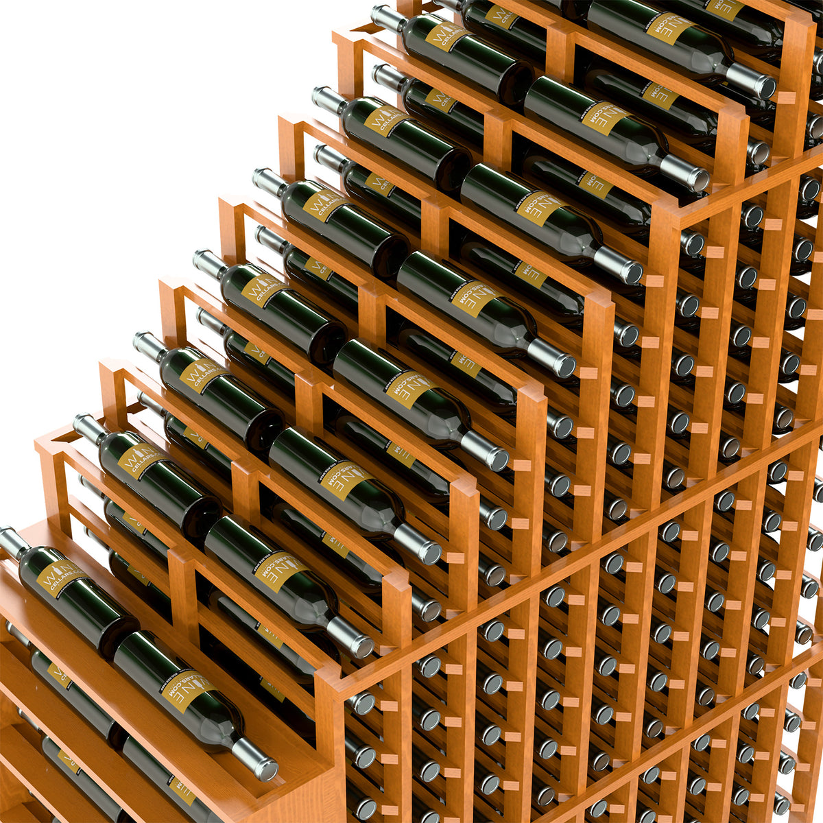 Light wood double wine rack with metal bottle holders and full bottle display, close-up