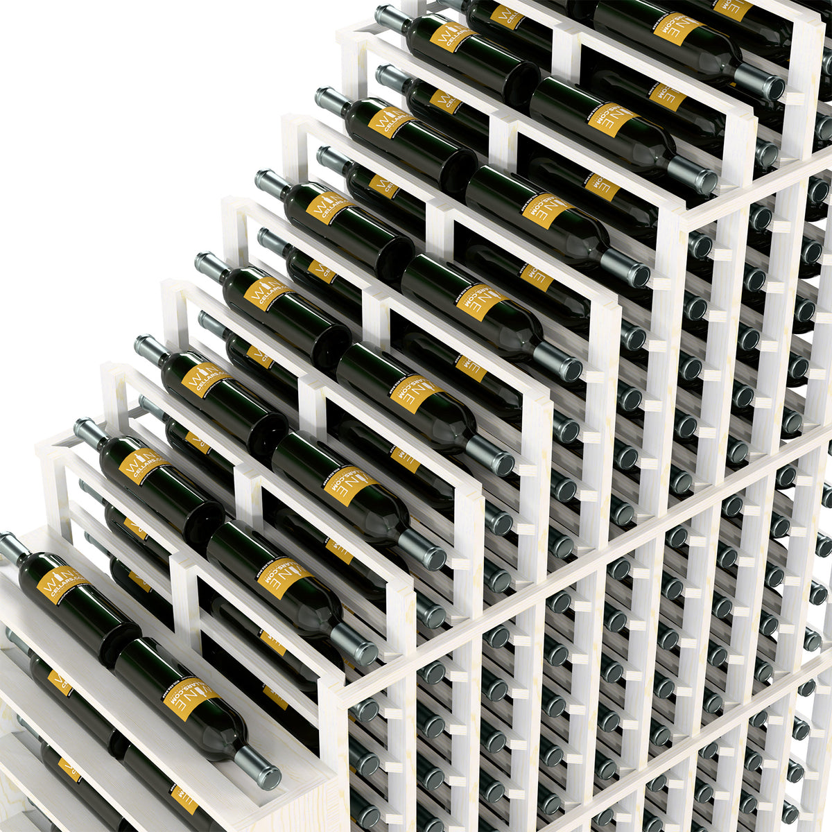 White double wine rack with bottle slots and metal holders, angled close-up view