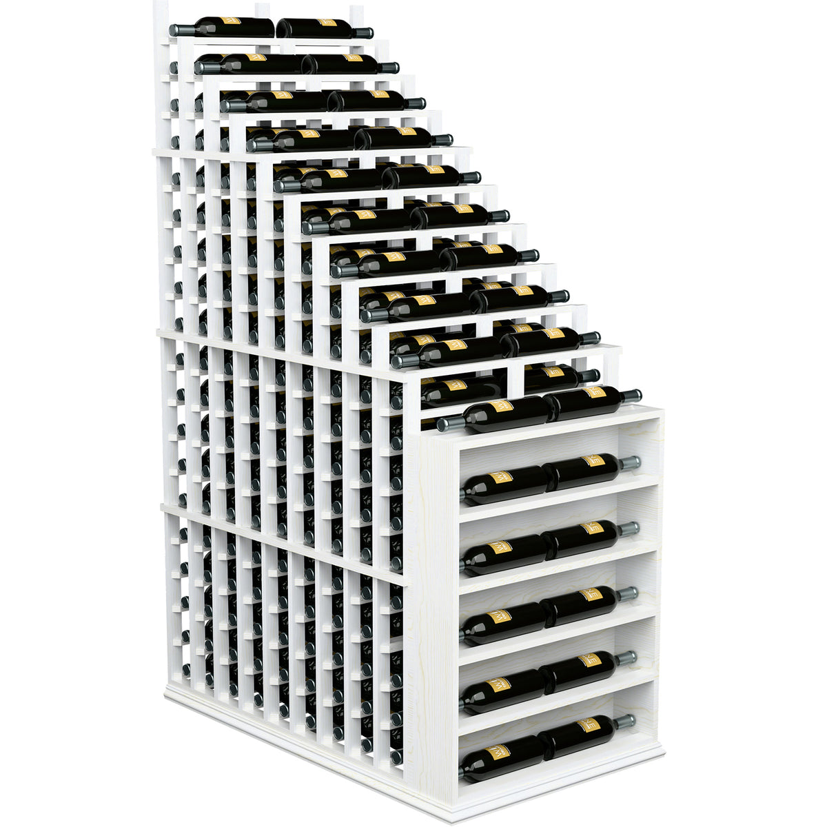 White wine bottle rack with cascading rows and metal bottle supports, front view