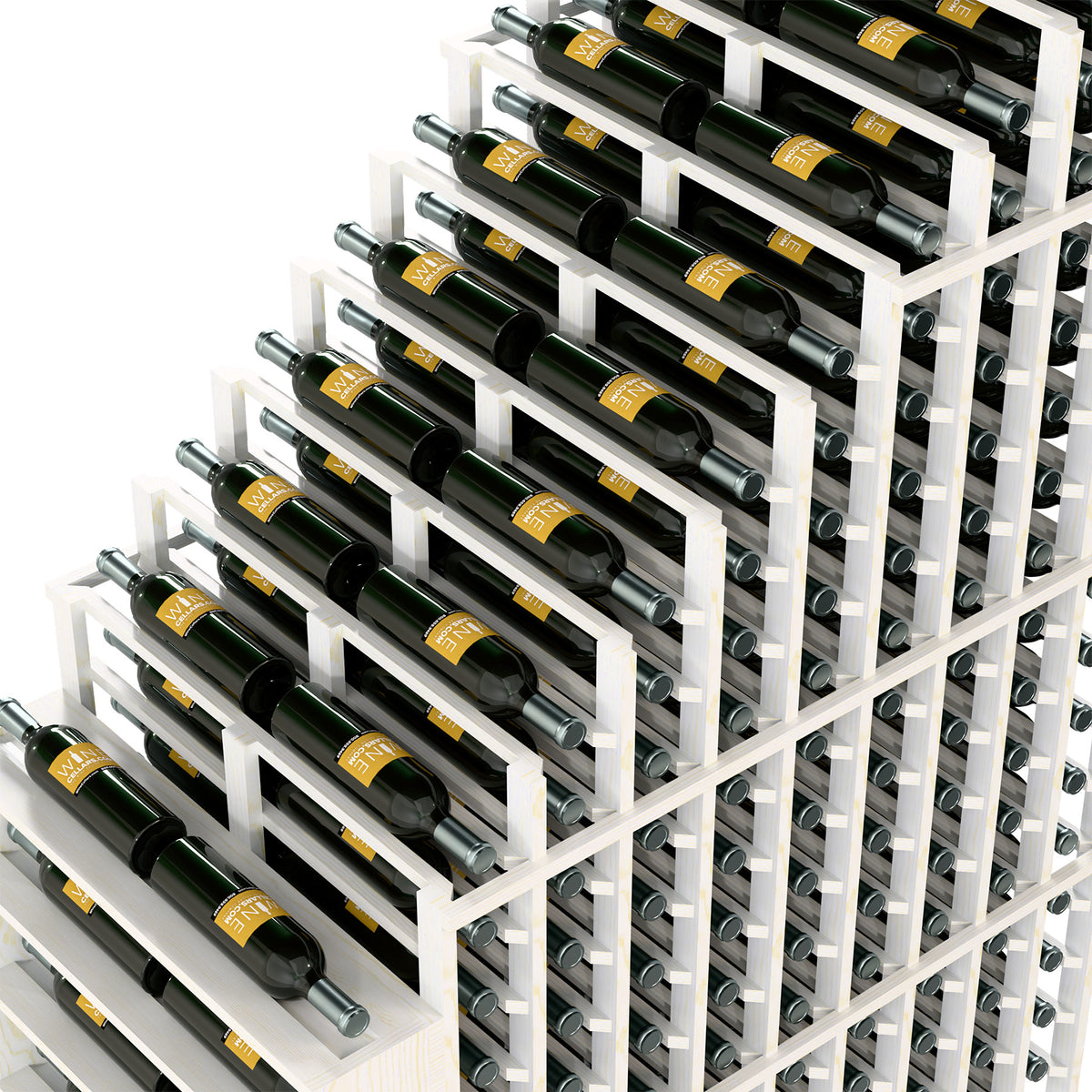 White double wine rack with metal bottle holders and bottle display, angled close-up