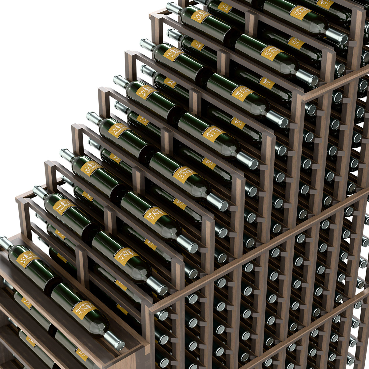 Close-up of dark grey double-deep wine rack holding green bottles