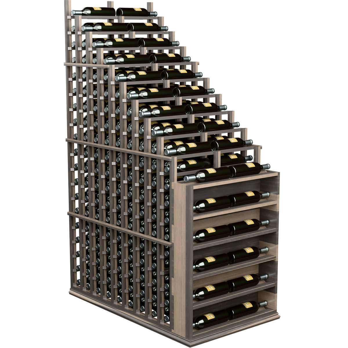 Dark grey 6-ft wine rack with cascading rows and double-deep bottle cradles
