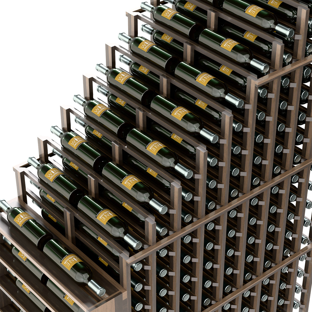 Close-up of dark grey wine rack rows with green bottles and metal bottle rests