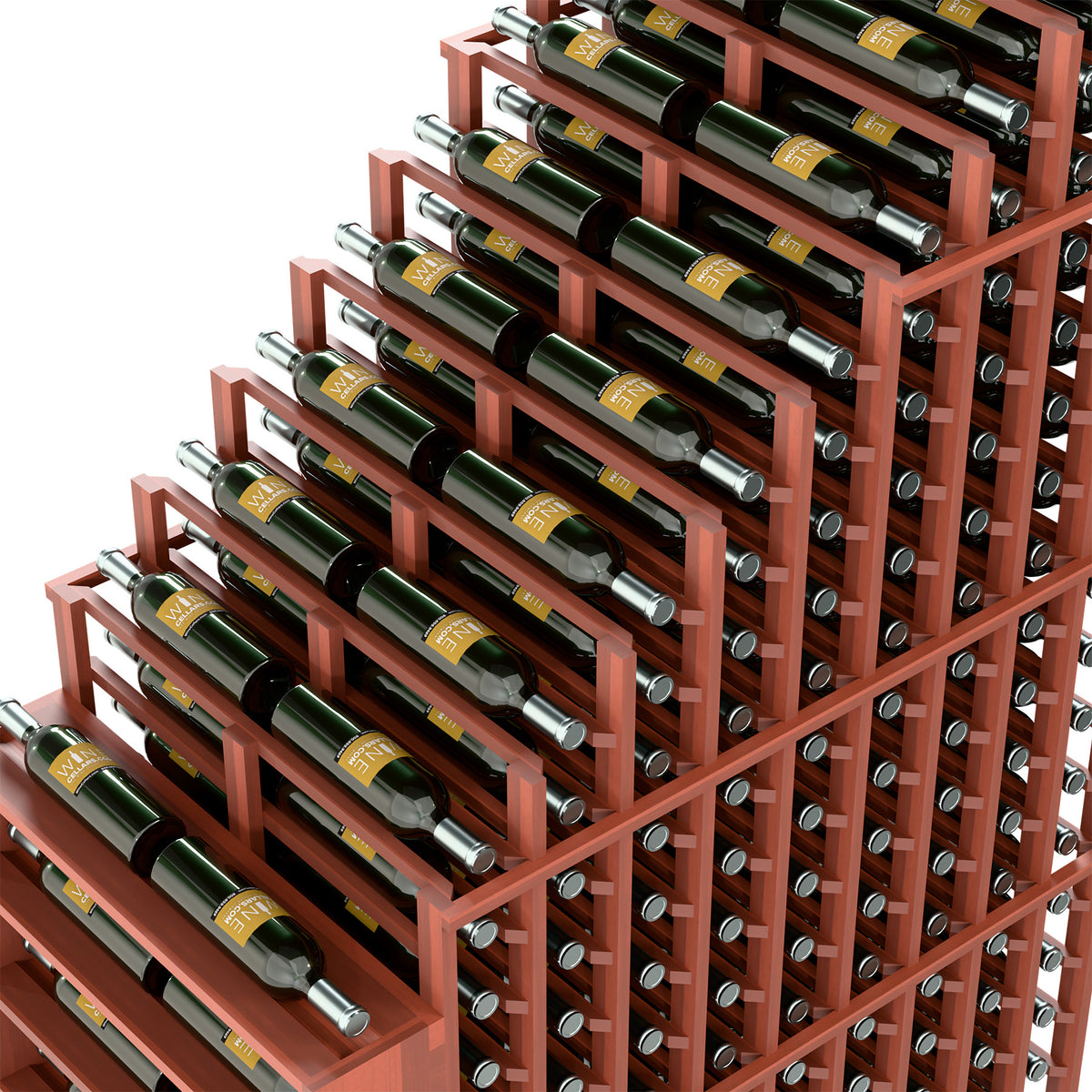 Close-up of red double-deep wine rack with green bottles in angled cradles