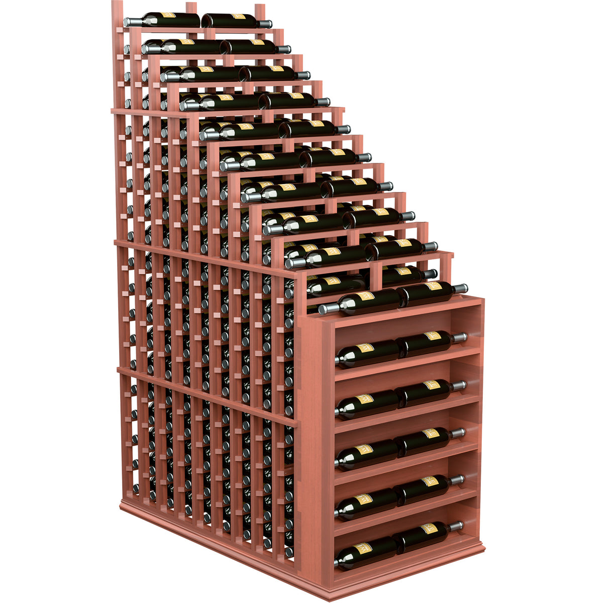 Red 6-ft wine rack with cascading rows for bottles, endcap style storage