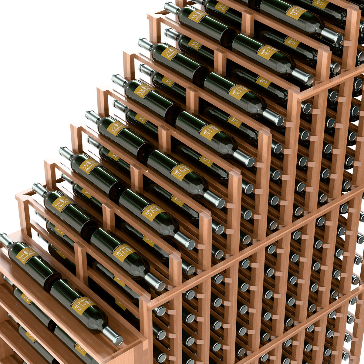 Light wood double wine rack with staggered horizontal rows and silver bottle holders