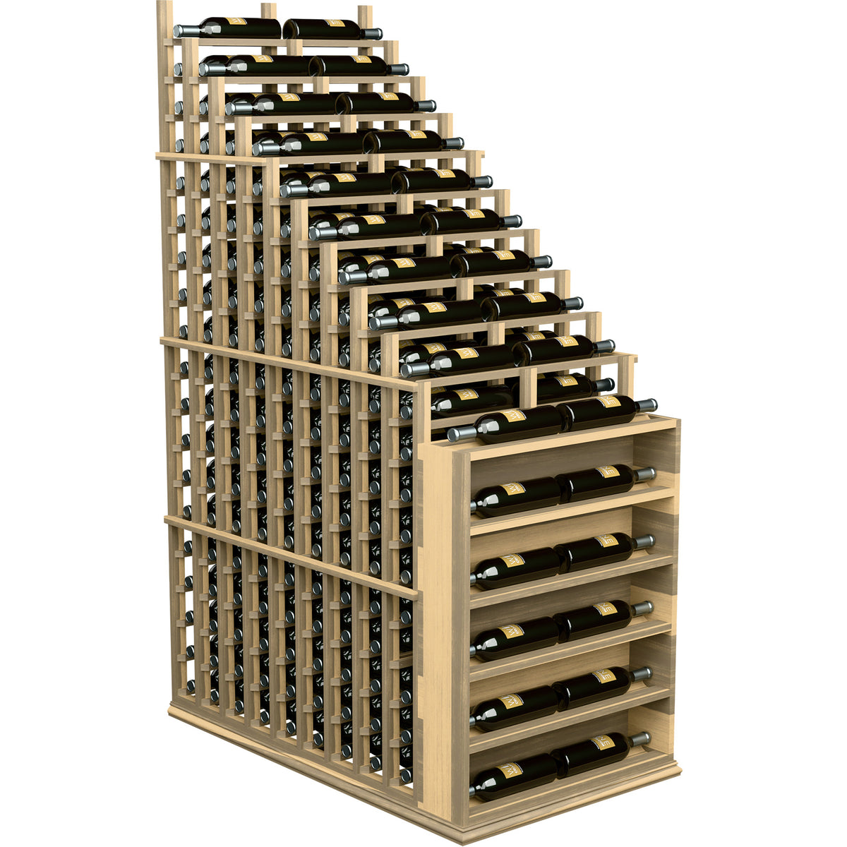 Light wood vertical double wine rack with cascading bottle shelves and end cap panel
