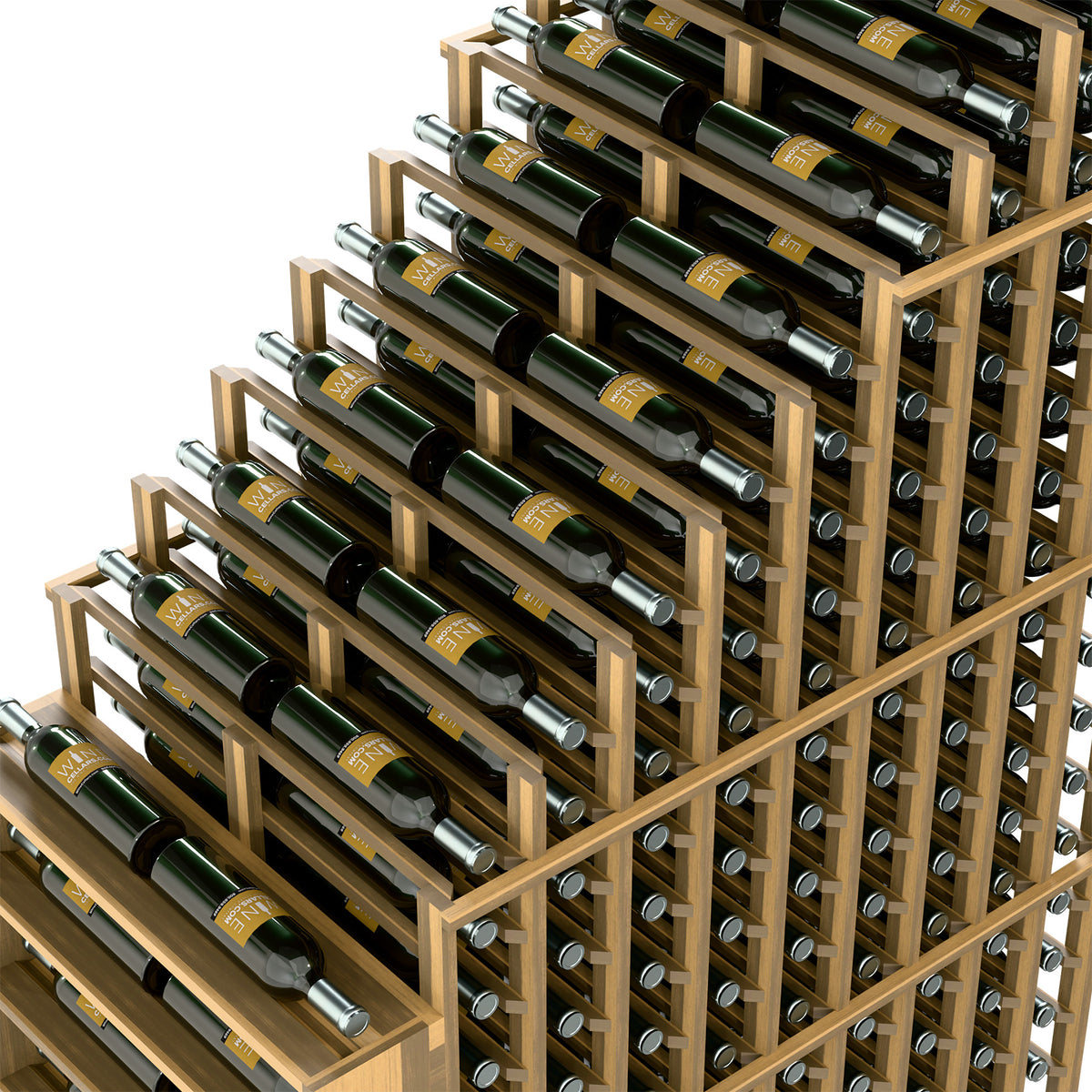 Close view of light wood double wine rack showing bottle rows and round peg openings