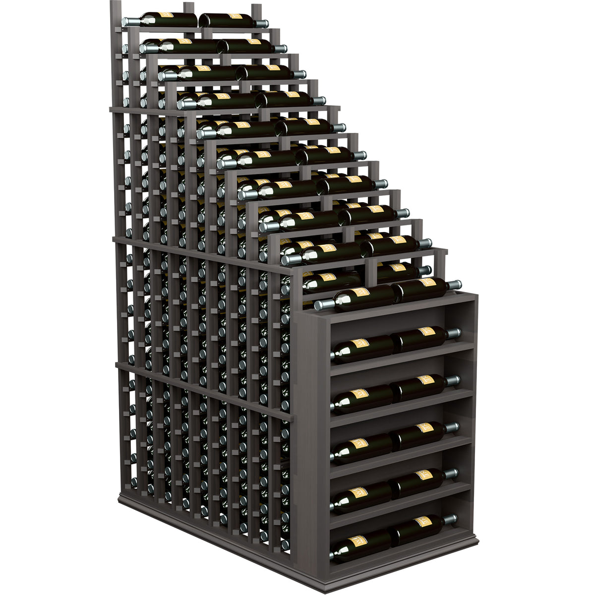 Cascading double wine rack with end panel, dark wood frame and bottle storage rails