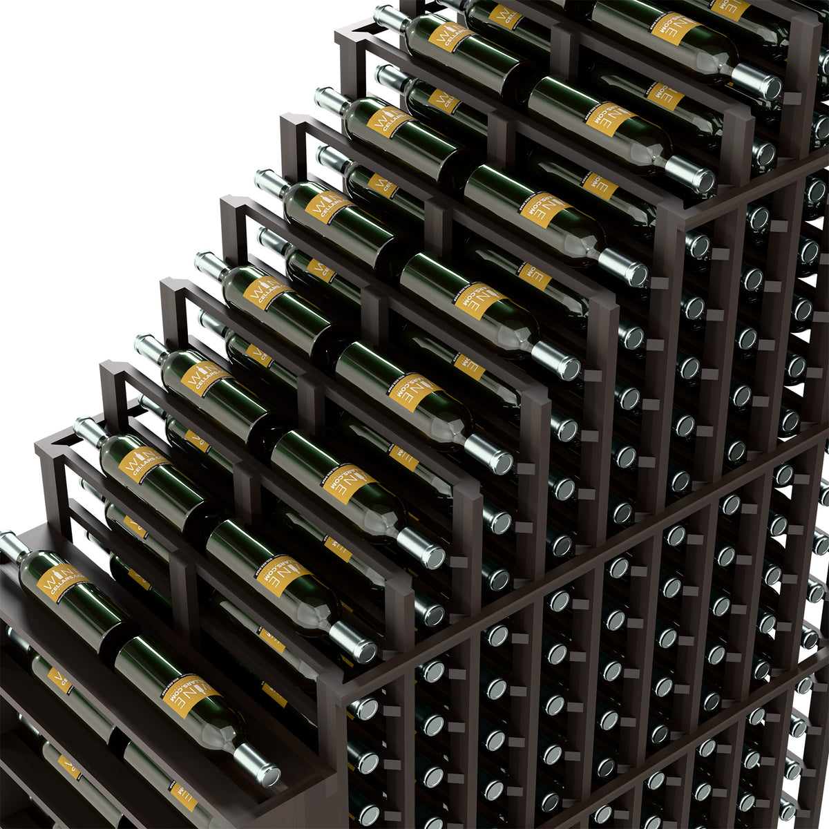 Close view of dark double wine rack with staggered bottle rows and round peg holes