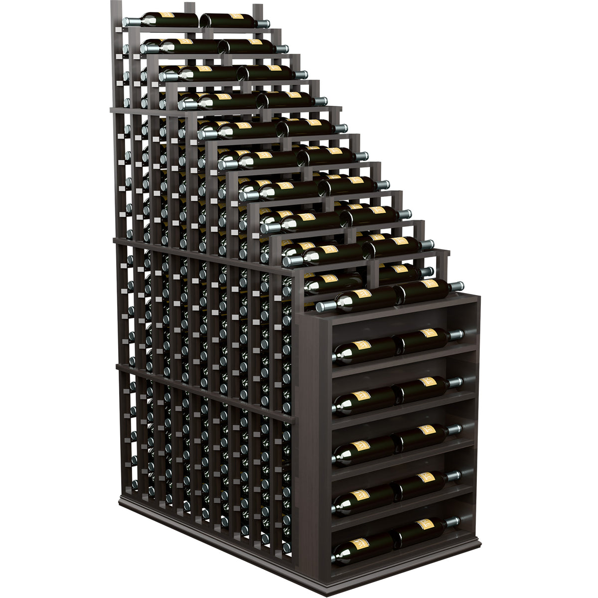 Dark wood cascading double wine rack with end cap and multiple bottle holding shelves