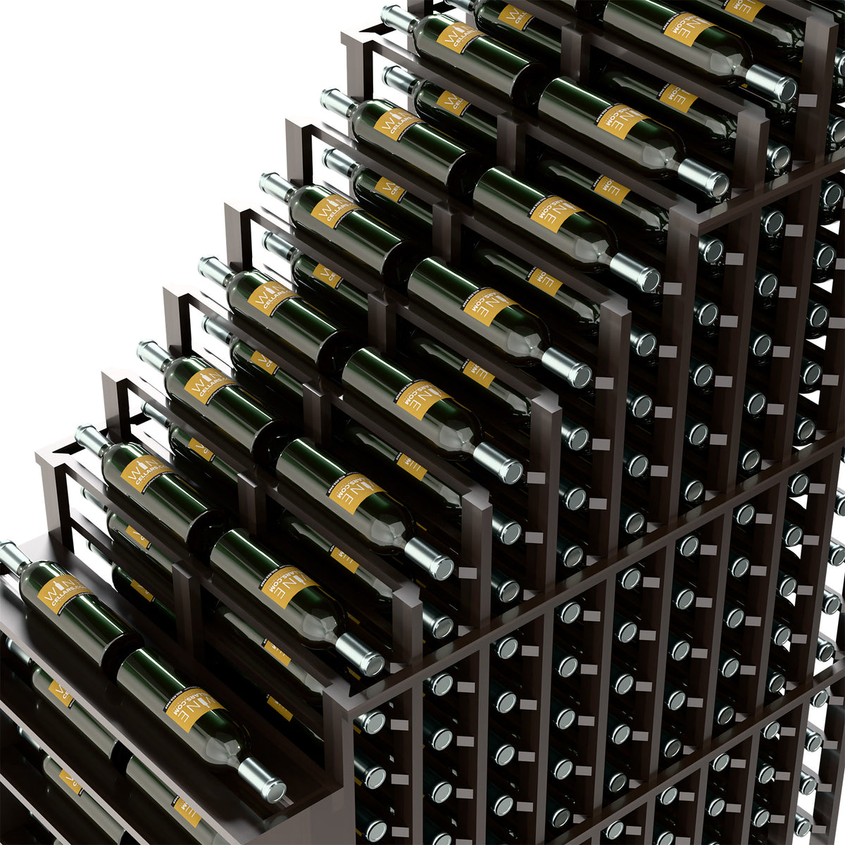 Angled close-up of dark double wine rack showing bottle rows and silver metal holders