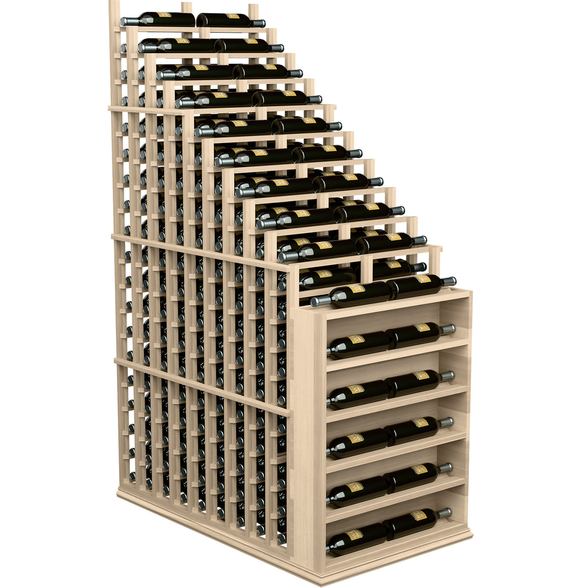 Double deep waterfall wine rack with endcap, bottle slots on angled tiers