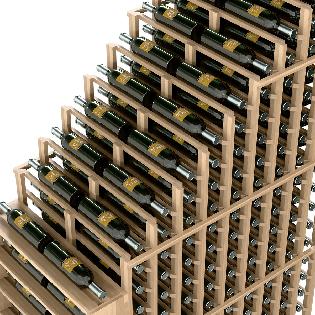 Corner view of multi-tier wine rack with bottle cradles and metal support rods