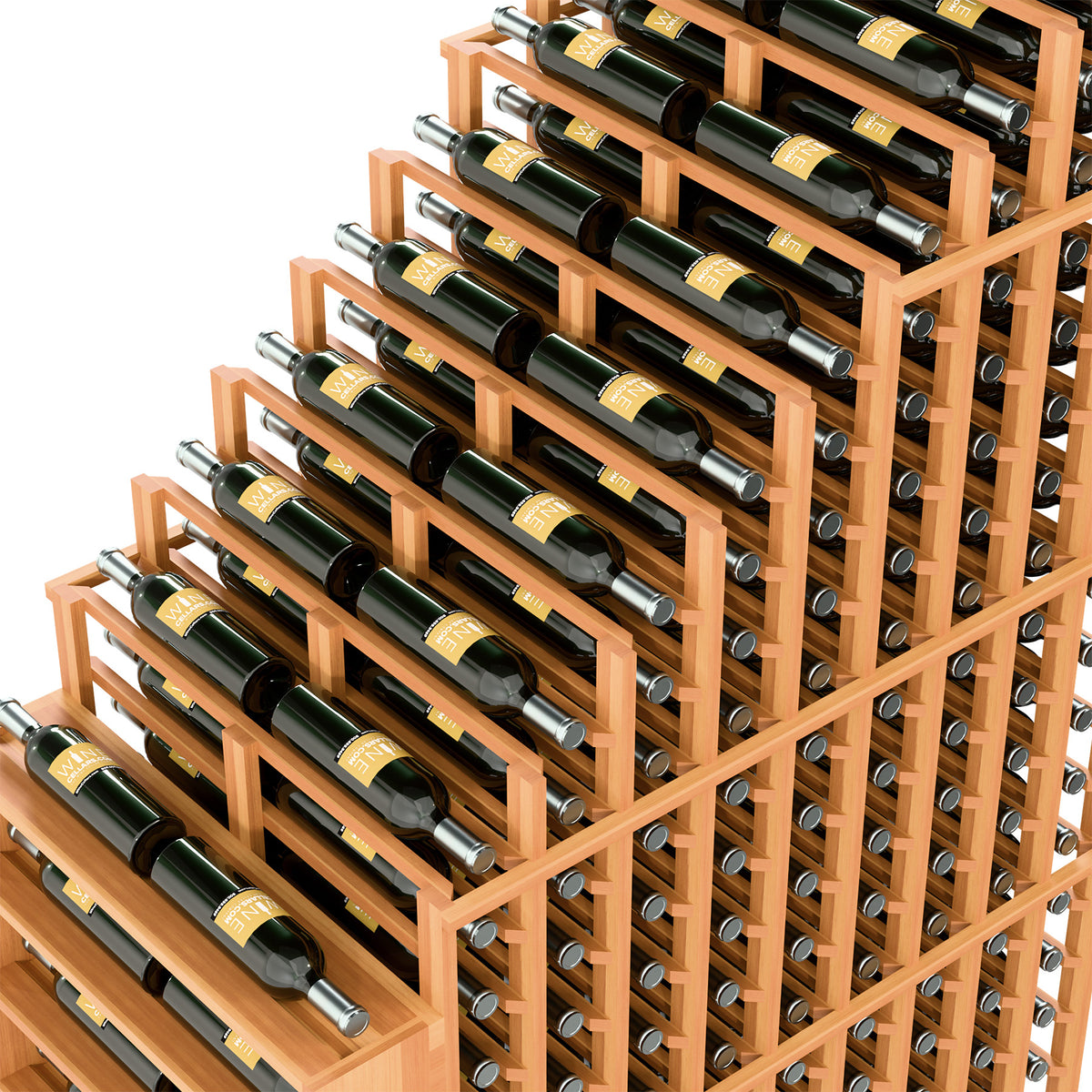 Angled close-up of wine rack corner with cradles, metal rods, and bottle bays