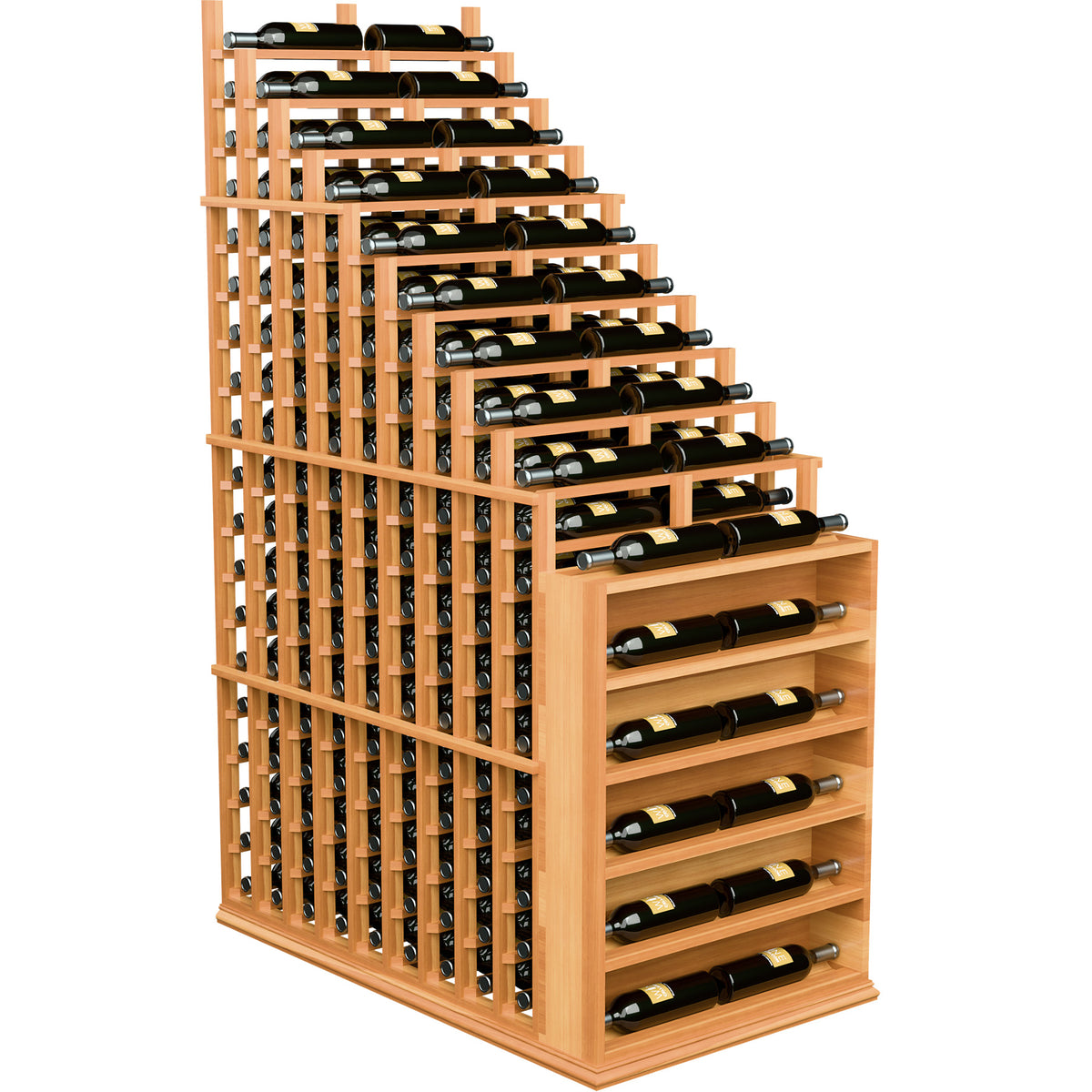 Double deep waterfall wine rack with endcap, wider view of stacked bottle tiers