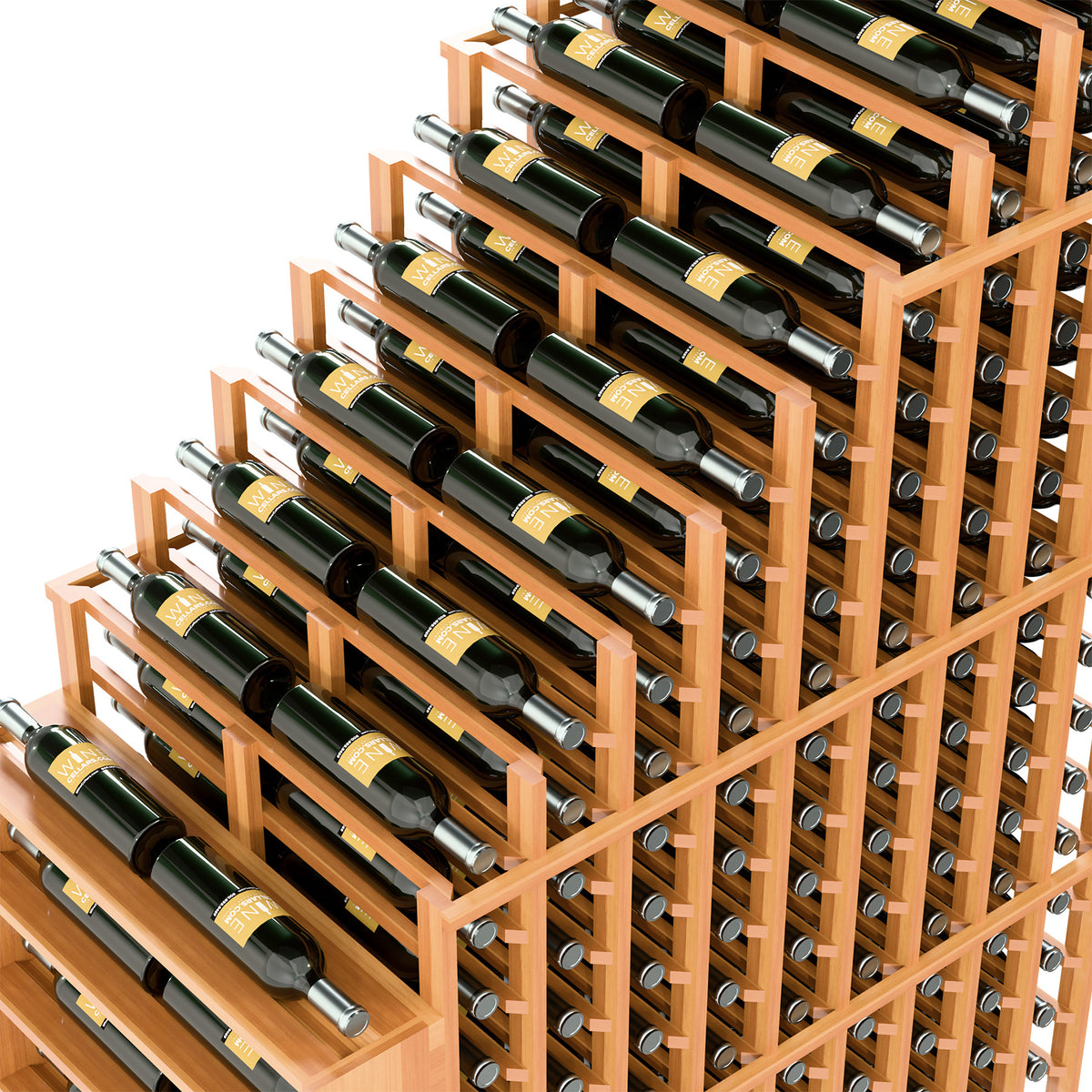 Close-up of wine rack rows with bottle slots and repeating circular support dowels
