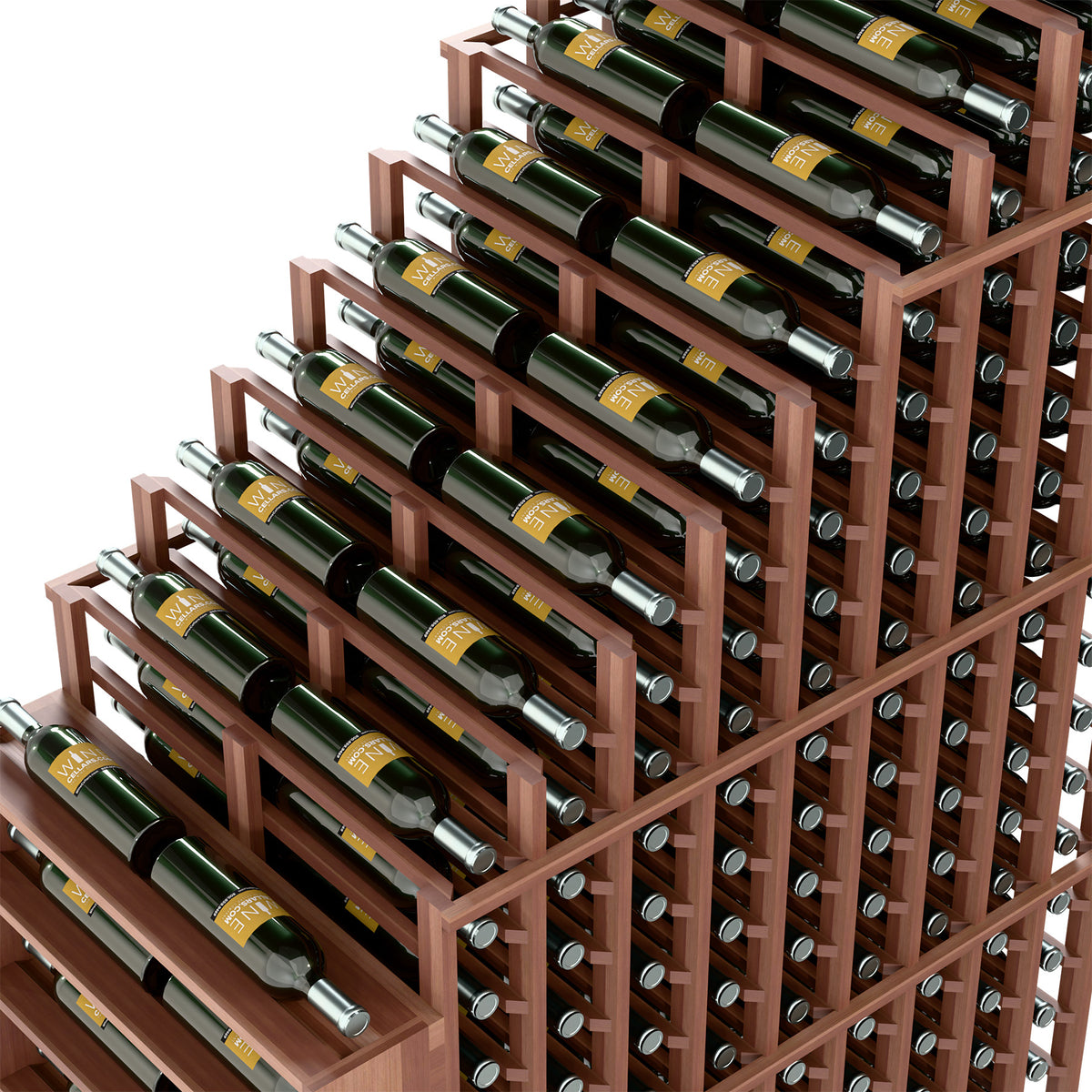 Corner detail of multi-tier wine rack with bottle cradles and support dowel holes