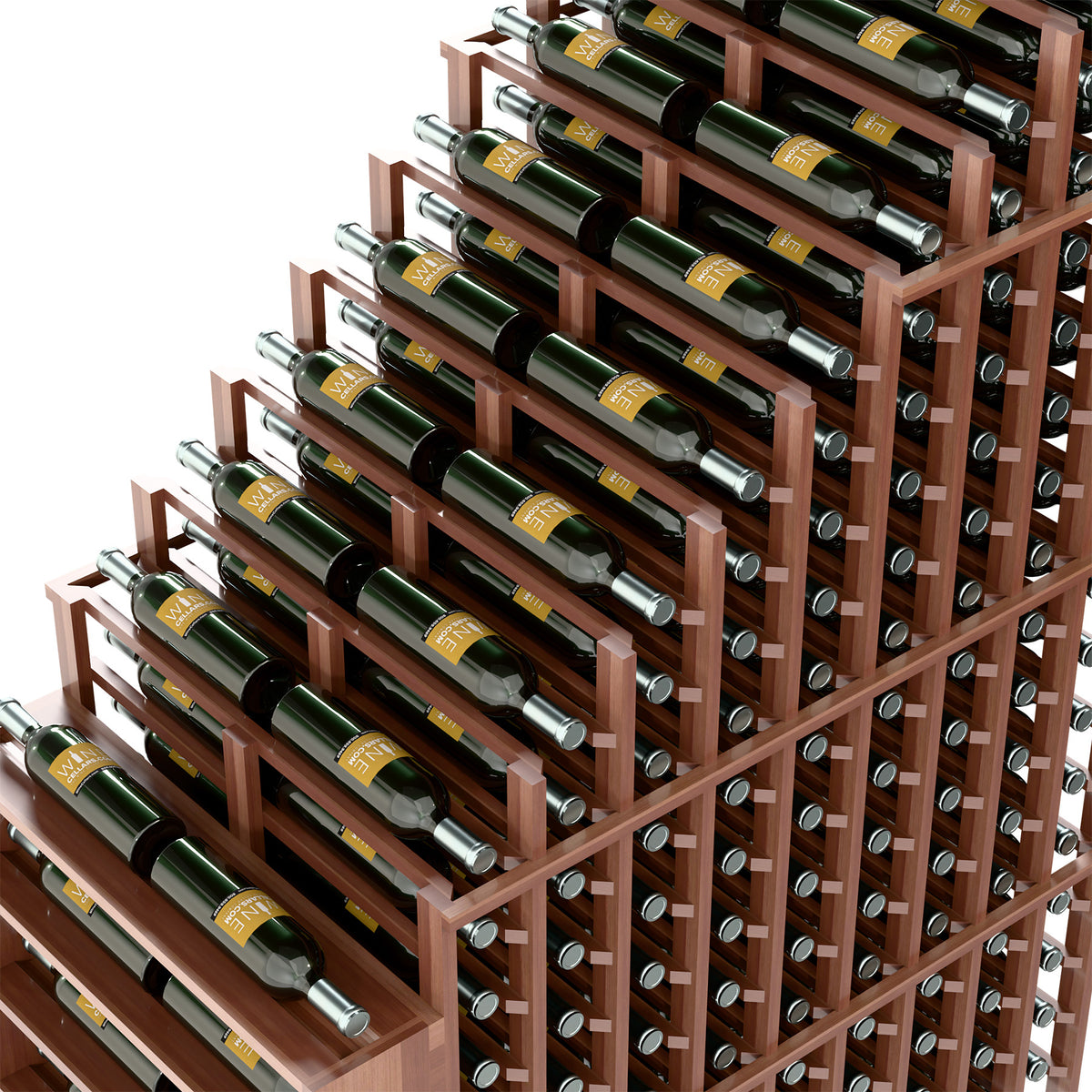 Double deep wine rack detail view with dark wood dividers and bottle storage