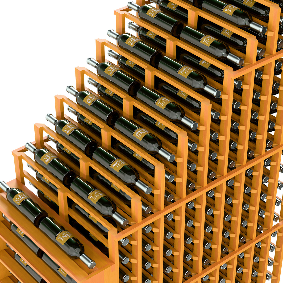 Double deep wine rack corner view with light wood shelves and bottle rows