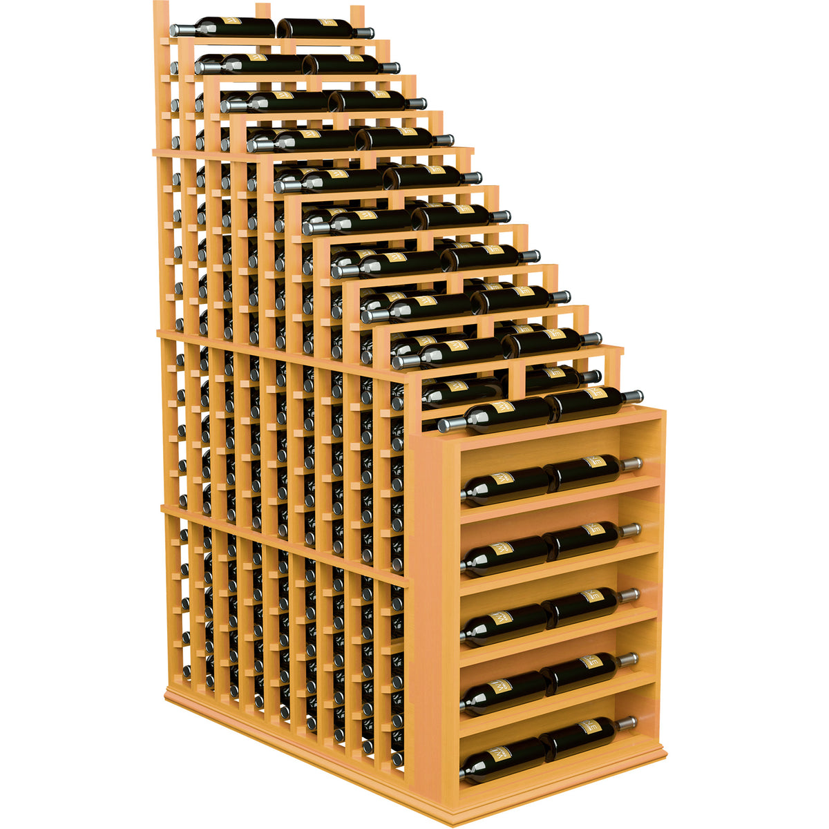 Double deep wine rack with endcap, light wood design holding multiple wine bottles