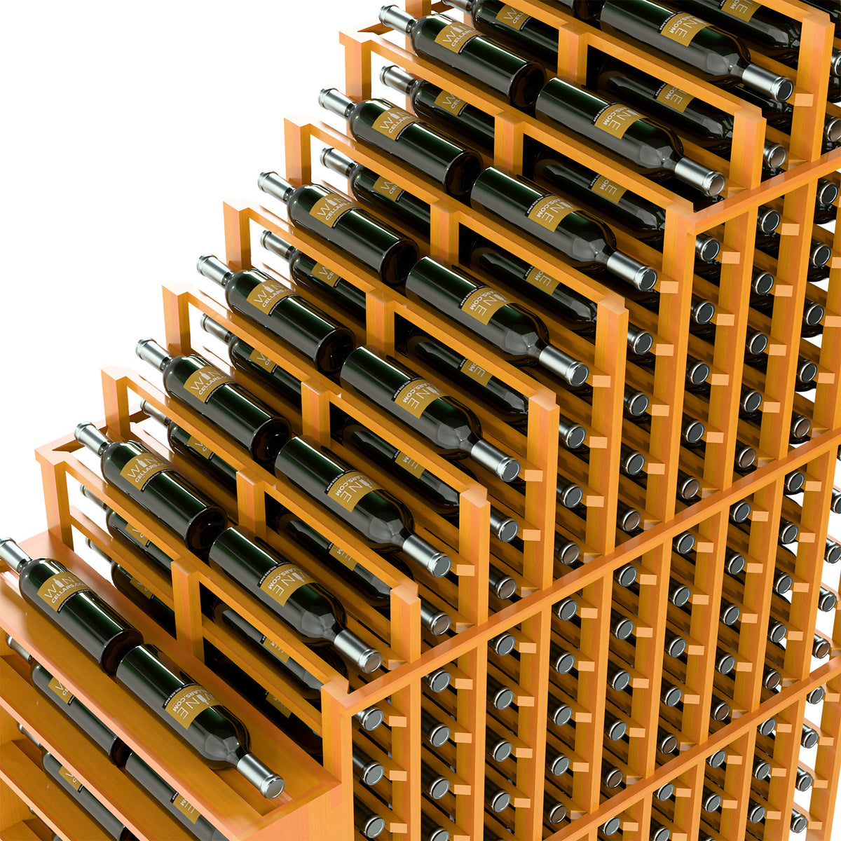 Double deep wine rack detail with light wood grid and bottles on metal rods