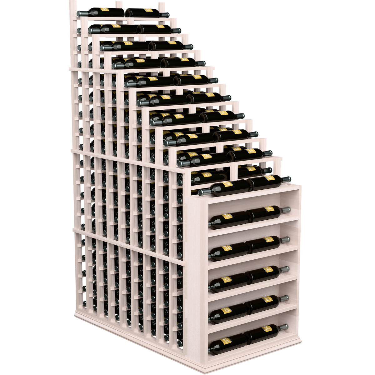 Double deep wine rack with endcap, whitewashed wood holding rows of wine bottles