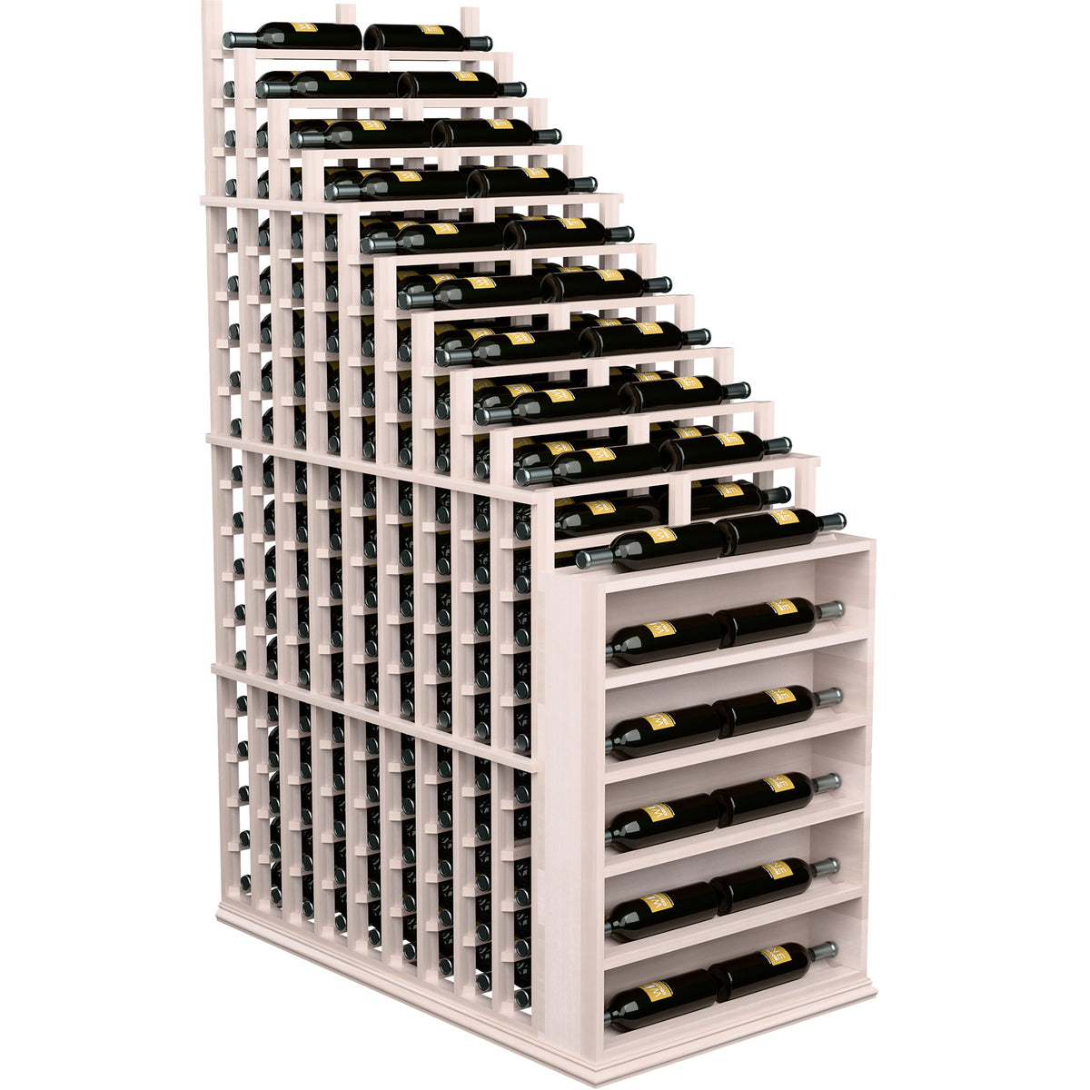 Double deep wine rack with endcap, whitewashed wood frame holding wine bottles