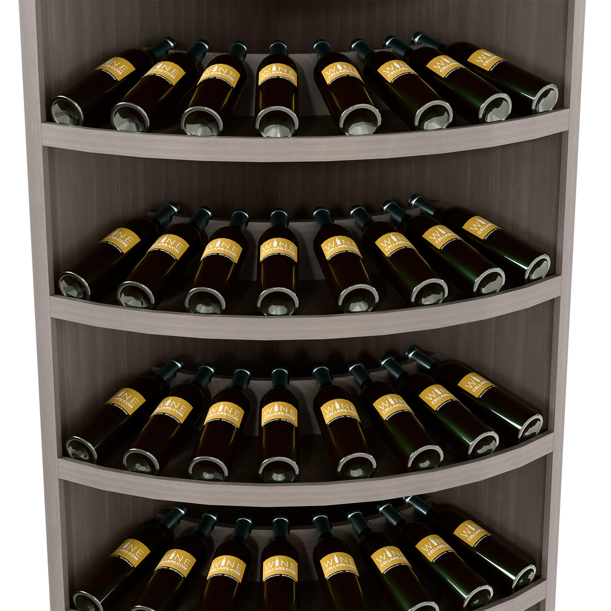 7-tier corner wine bottle display with medium wood curved shelves
