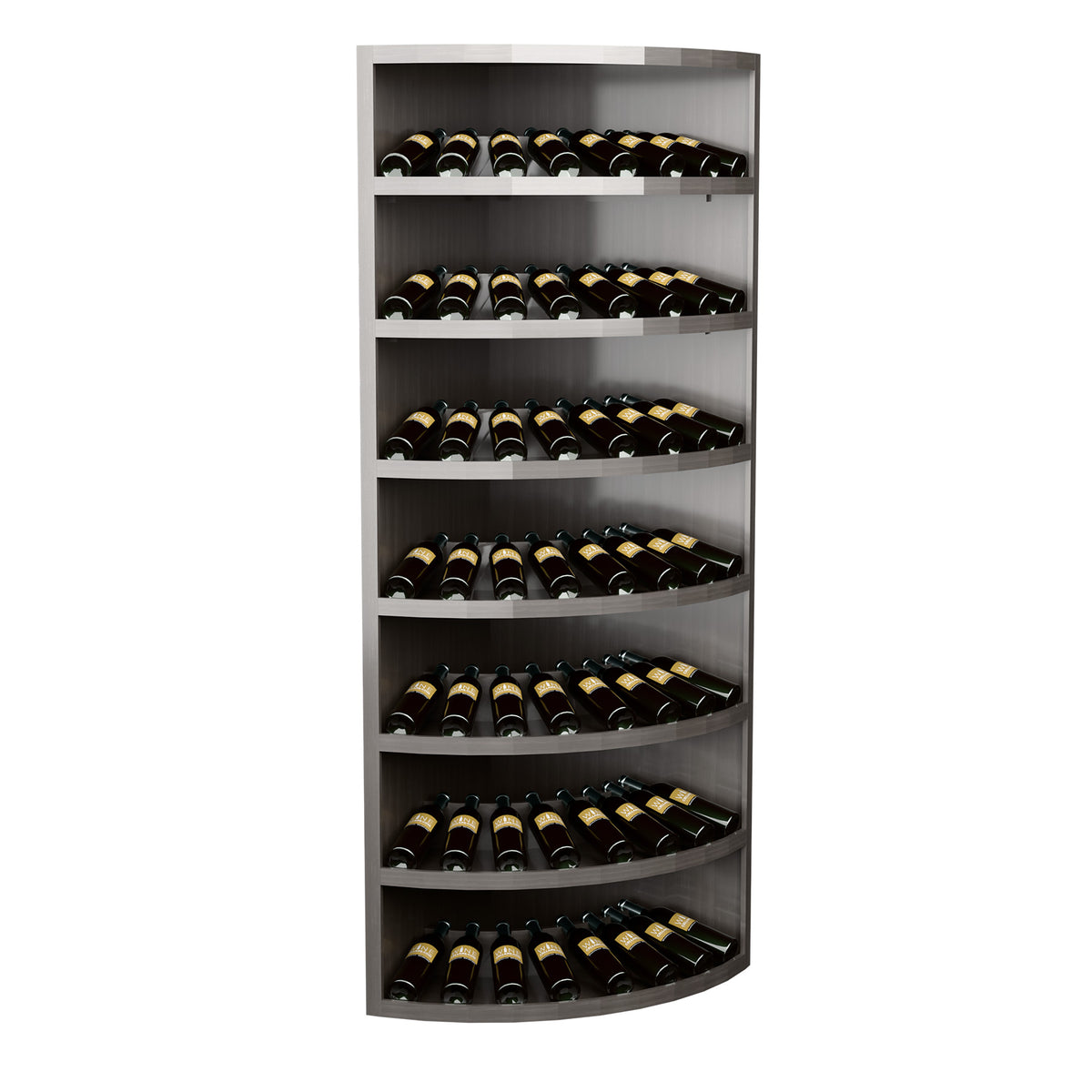 7-tier corner wine display cabinet with black-toned wood shelves and bottle rows