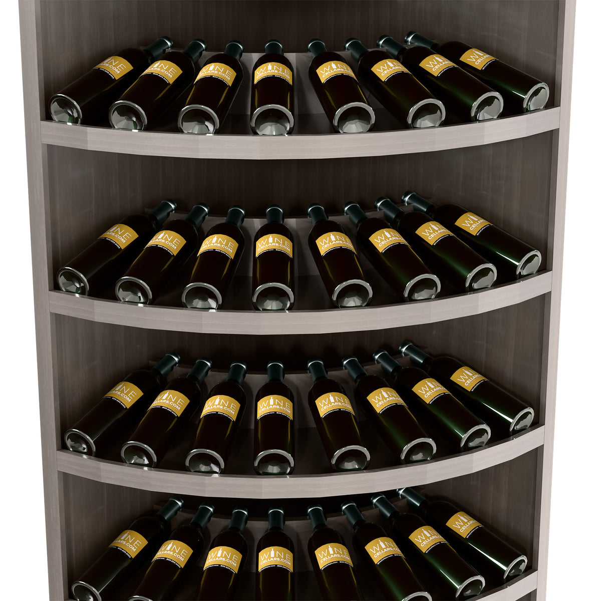 7-tier corner wine display cabinet with dark wood shelves and wine bottles close-up