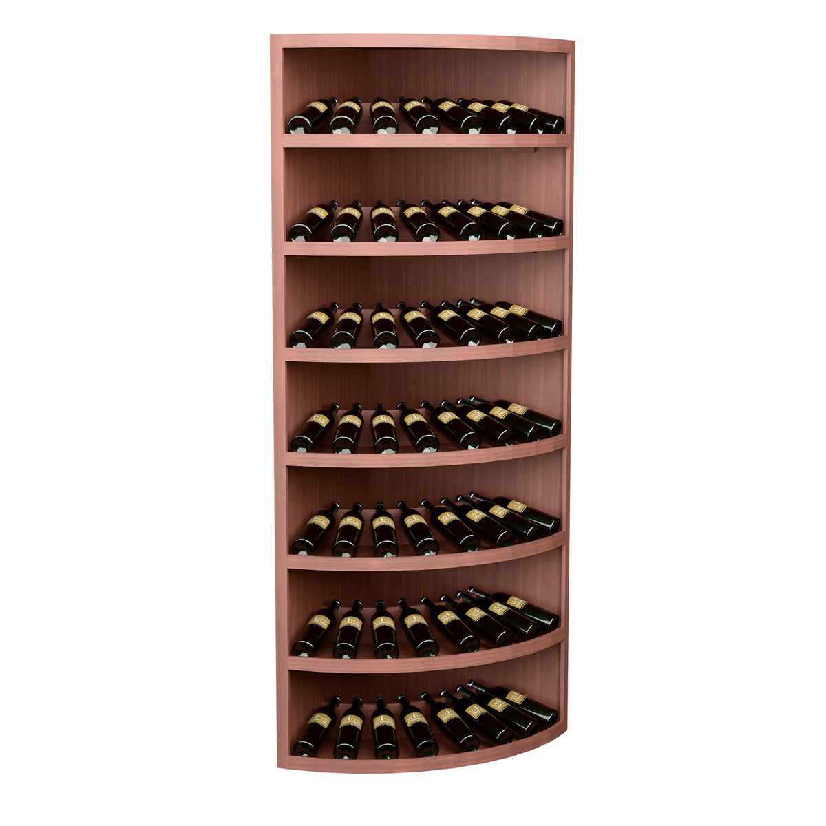 Red-brown 7-tier corner wine bottle display cabinet with curved bottom shelf.