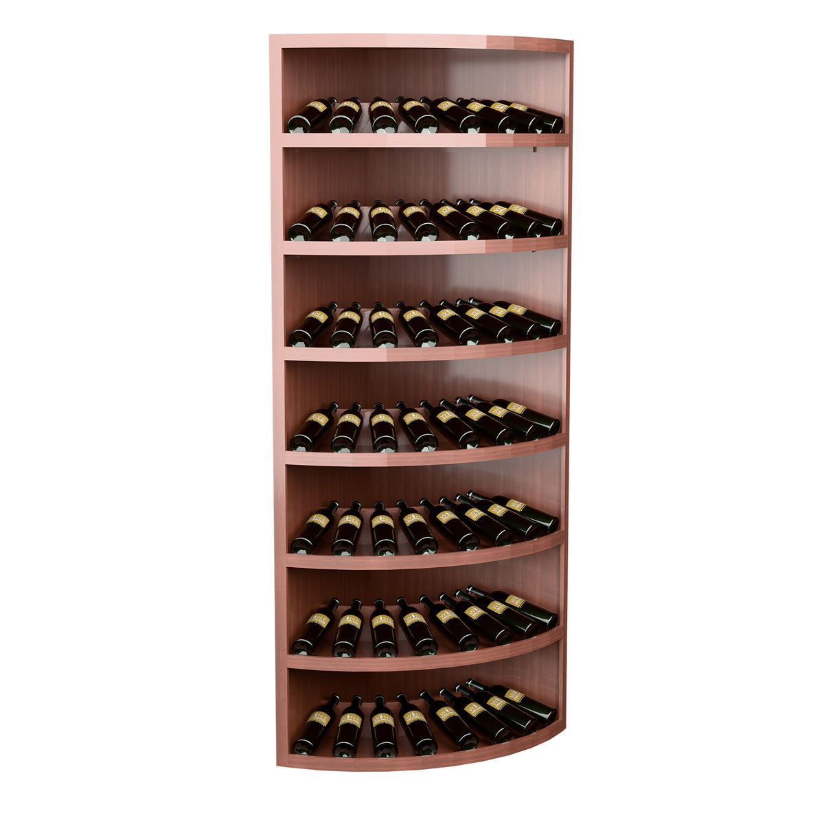7-tier corner wine display cabinet with warm brown wood shelves and bottle rows