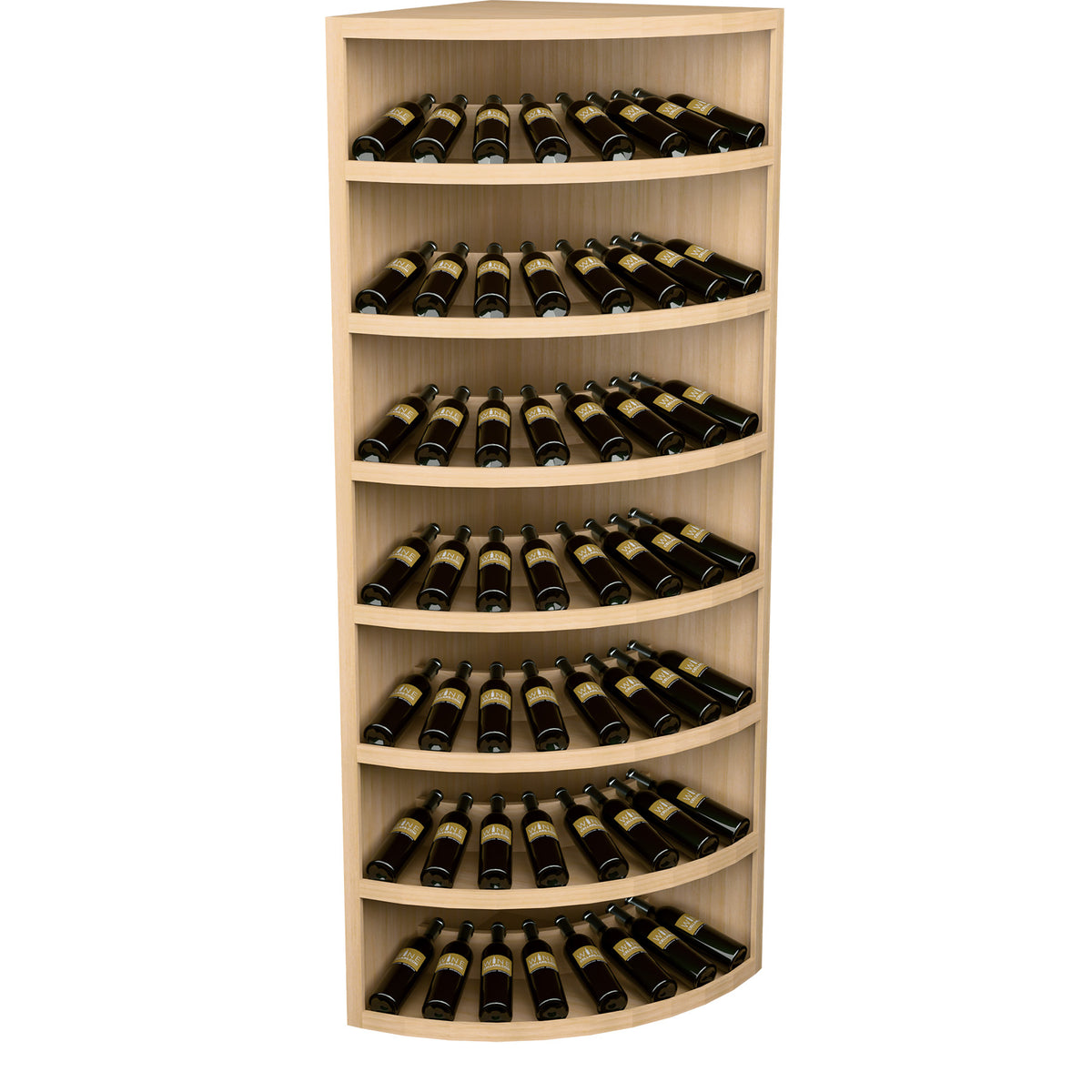 Light brown wood corner wine bottle cabinet with 7 curved tiers for bottle storage.
