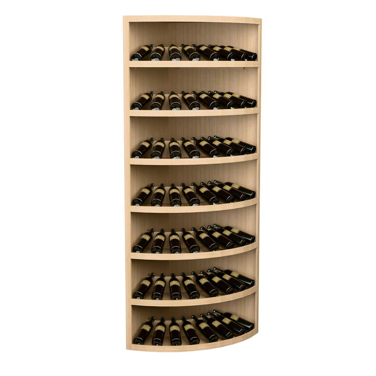 Solid wood corner wine rack with 7 curved shelves, holds 56 bottles, blonde wood finish.