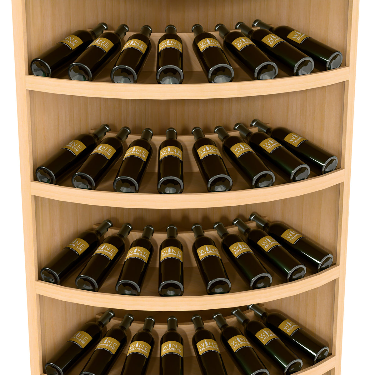 Corner wine display cabinet with 4 curved tiers holding 56 bottles in light wood
