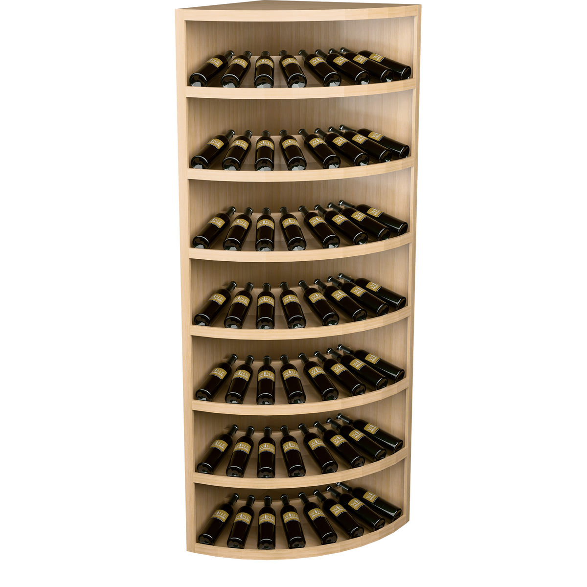 7-tier corner wine display cabinet with light wood shelves holding wine bottles