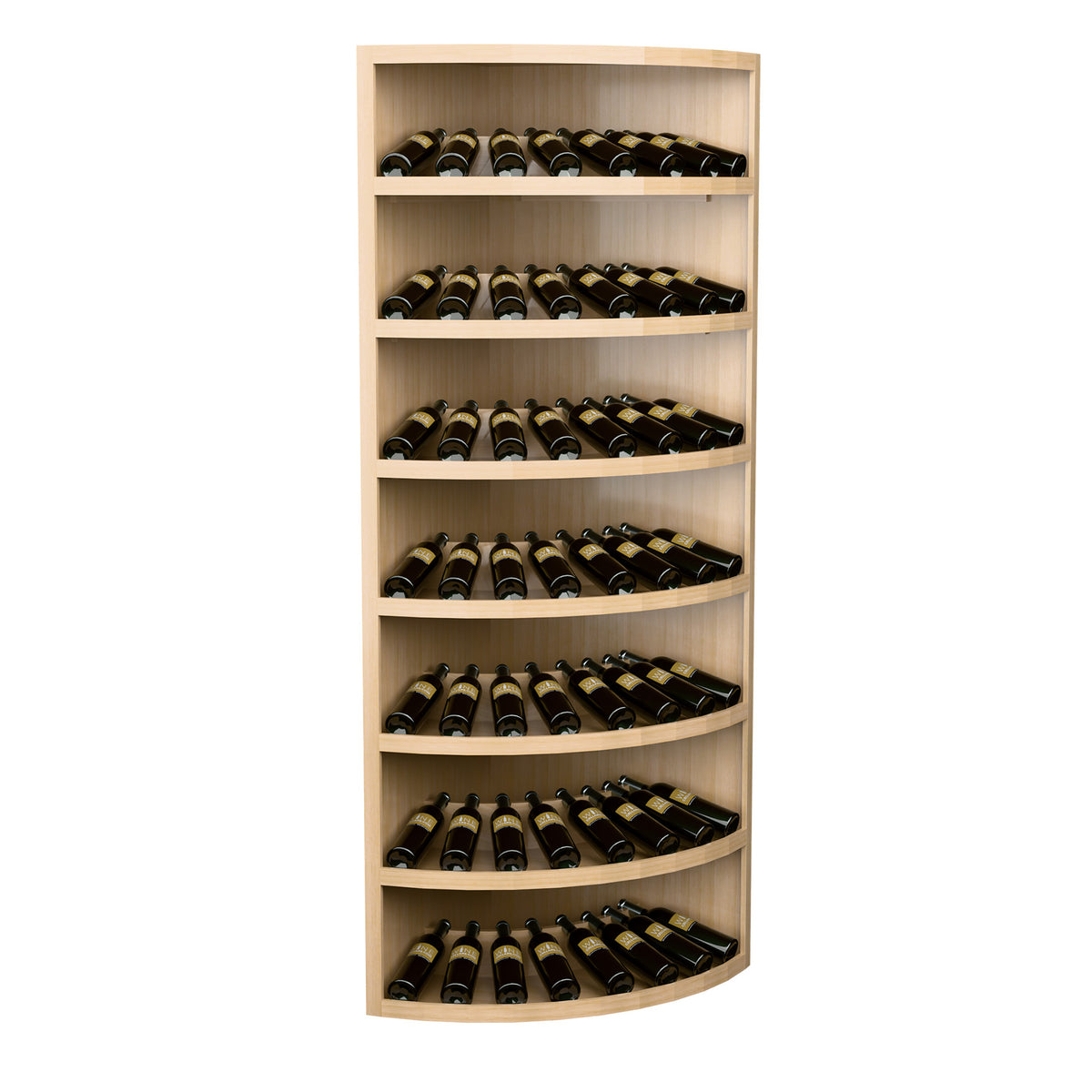 7-tier corner wine display cabinet with pale wood shelves and bottle rows