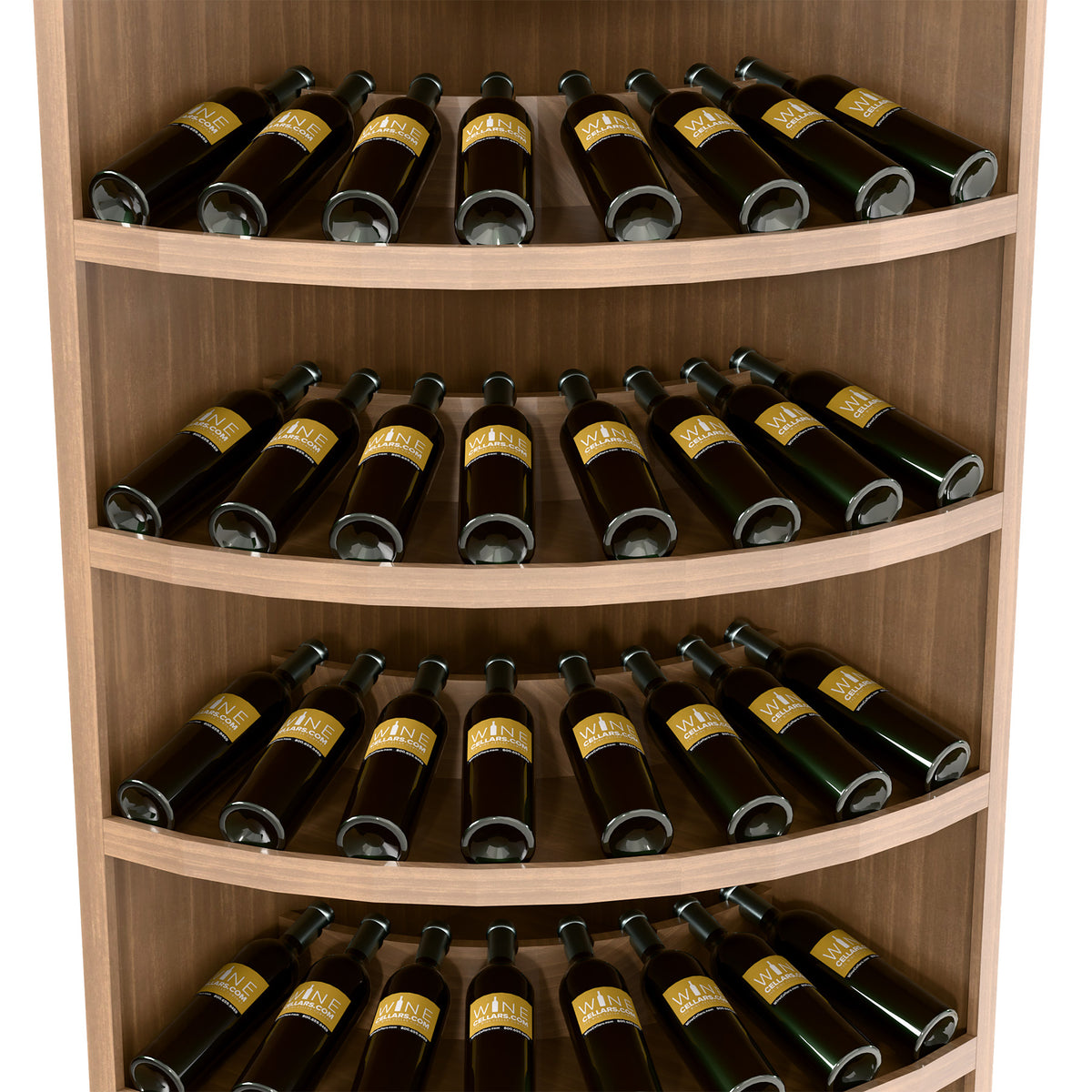 7-tier wine bottle display rack, front view with bottles on curved tiers