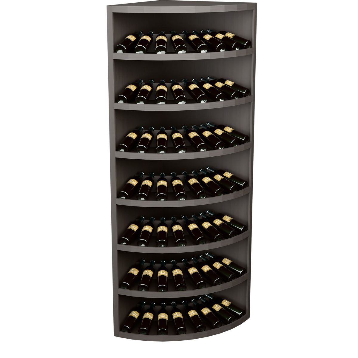 7-tier corner wine display rack, curved shelves with bottles, light gray wood finish