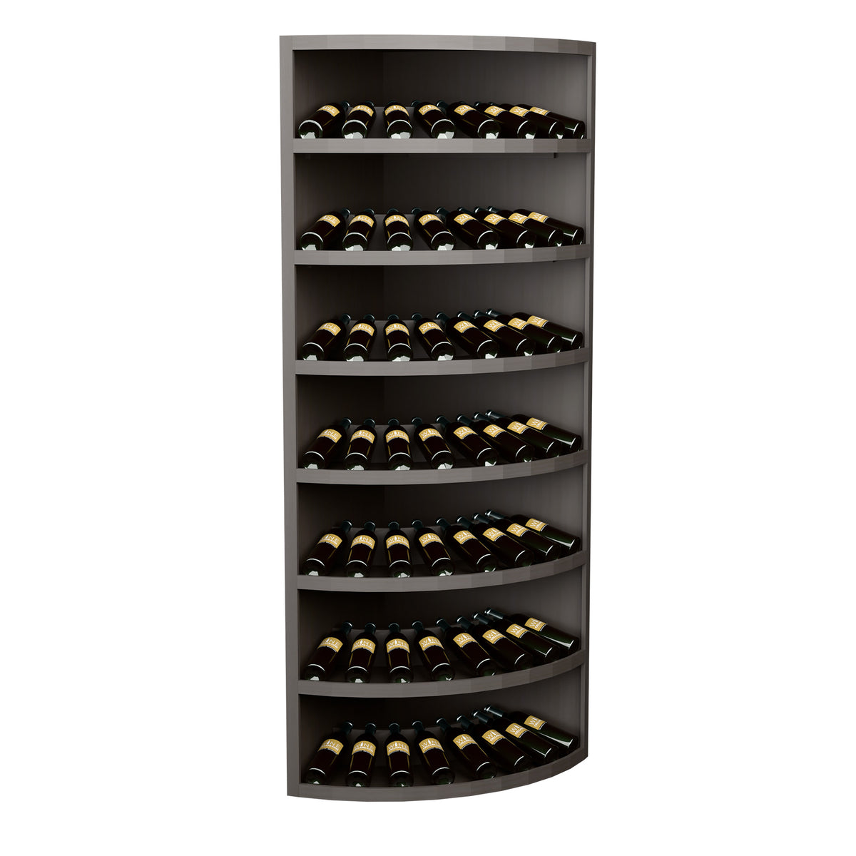 7-tier corner wine display rack with curved bottle shelves, dark wood finish, 56-bottle capacity