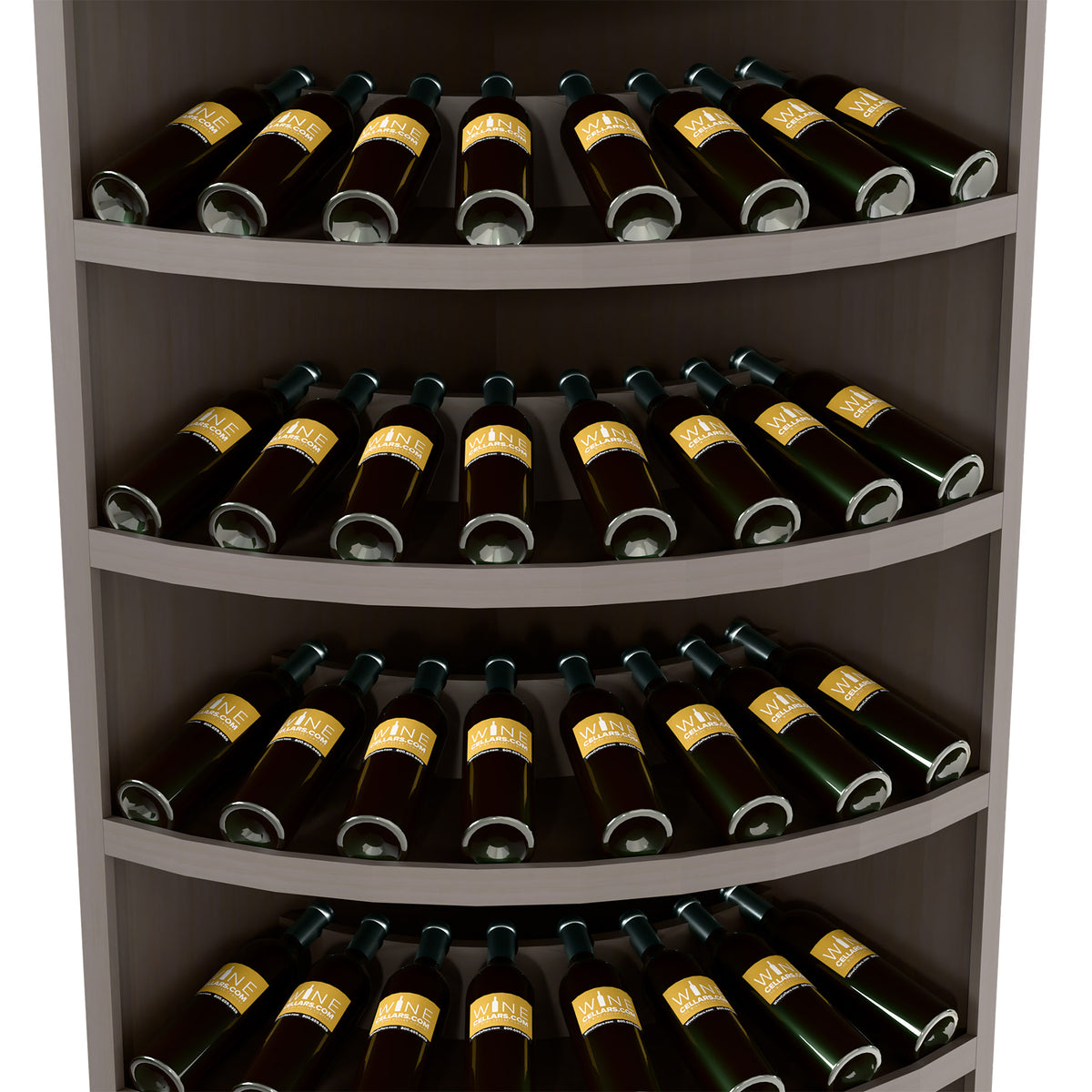 Dark wood 7-tier wine bottle display rack with arched shelves, bottles arranged in rows