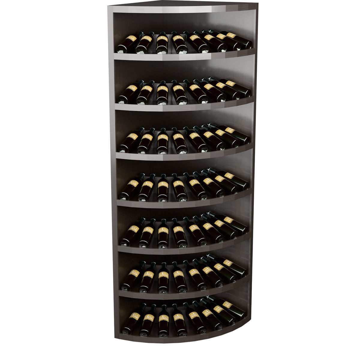 7-tier wine bottle display rack with curved shelves, white cabinet finish