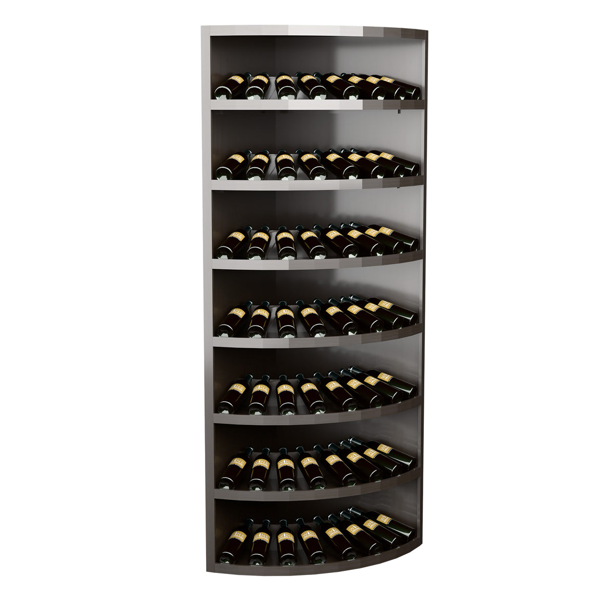7-tier wine bottle display rack with curved shelves, gray cabinet finish