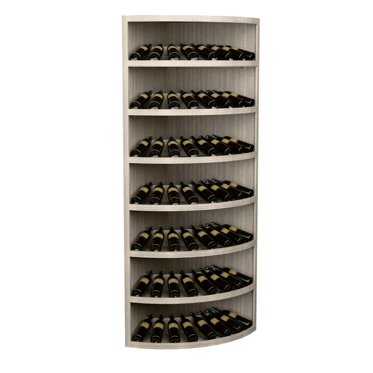 Solid wood corner wine rack with 7 curved shelves, holds 56 bottles, grey-stained finish.