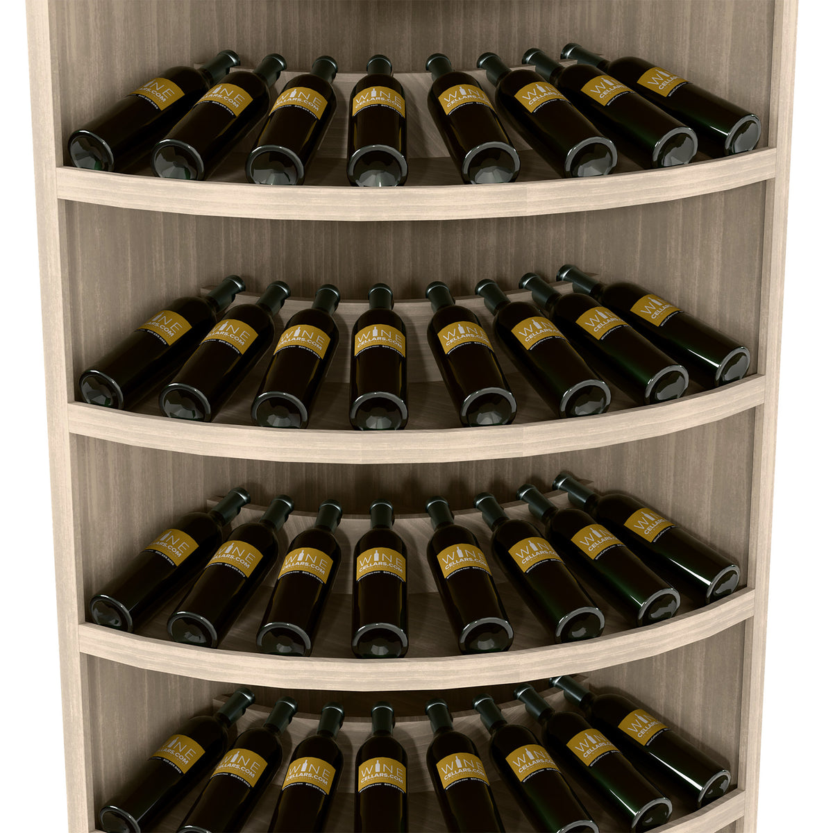 7-tier solid wood corner wine bottle display rack, 56 bottles, curved shelves, light grey finish