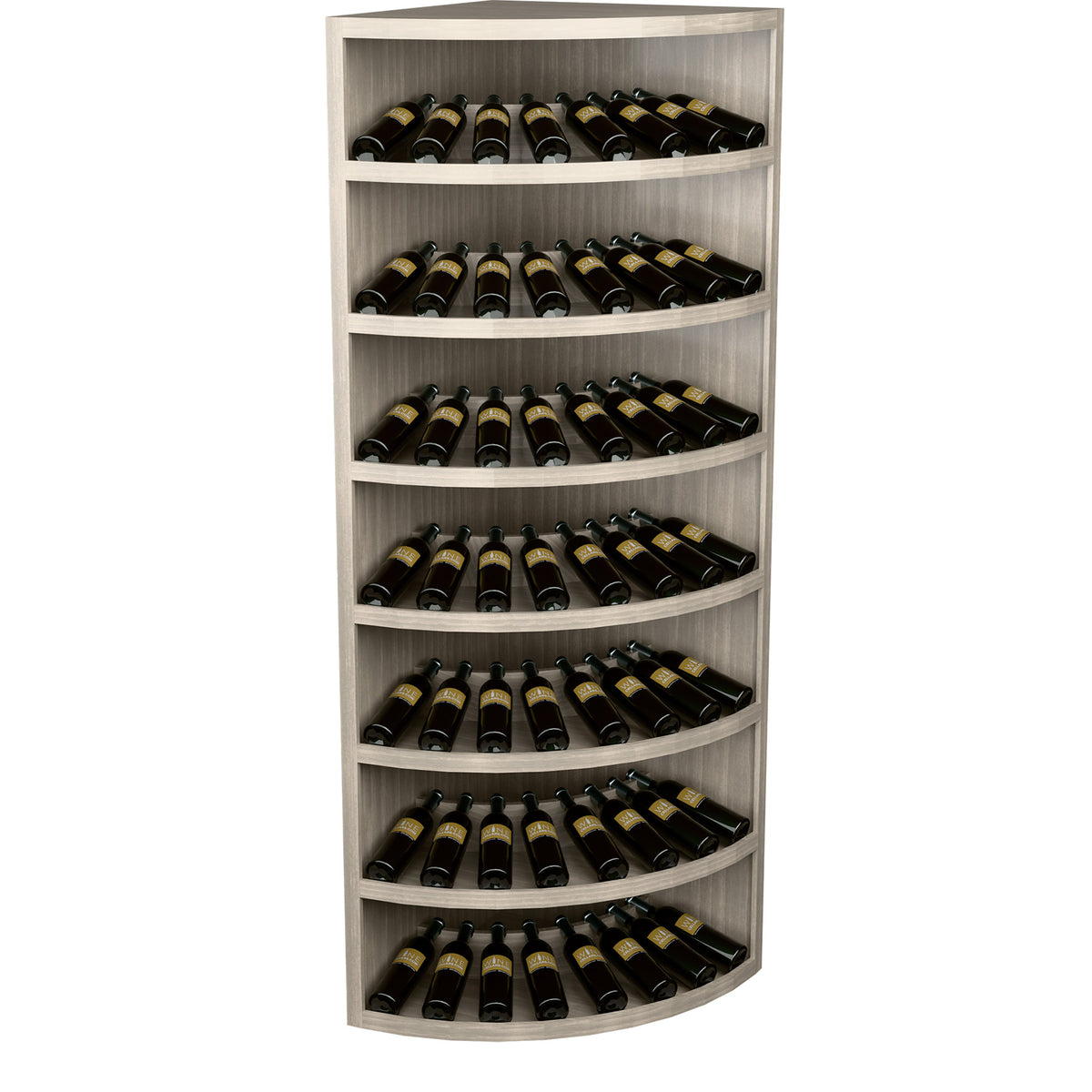 7-tier wine bottle display rack with curved shelves, light wood cabinet