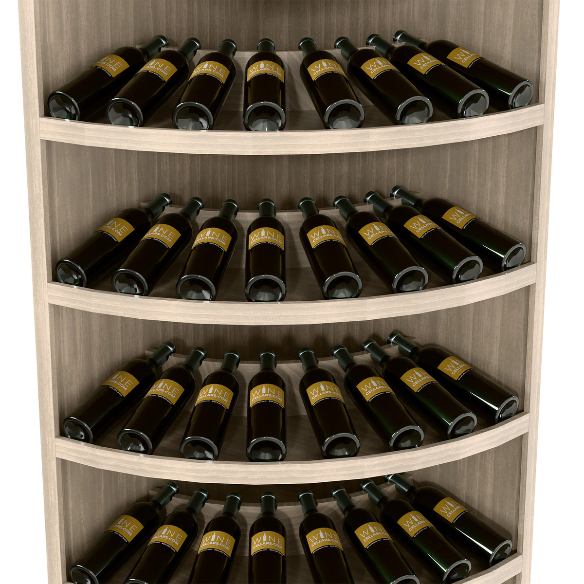 7-tier wine bottle display rack close-up of bottles on curved tiers, light wood